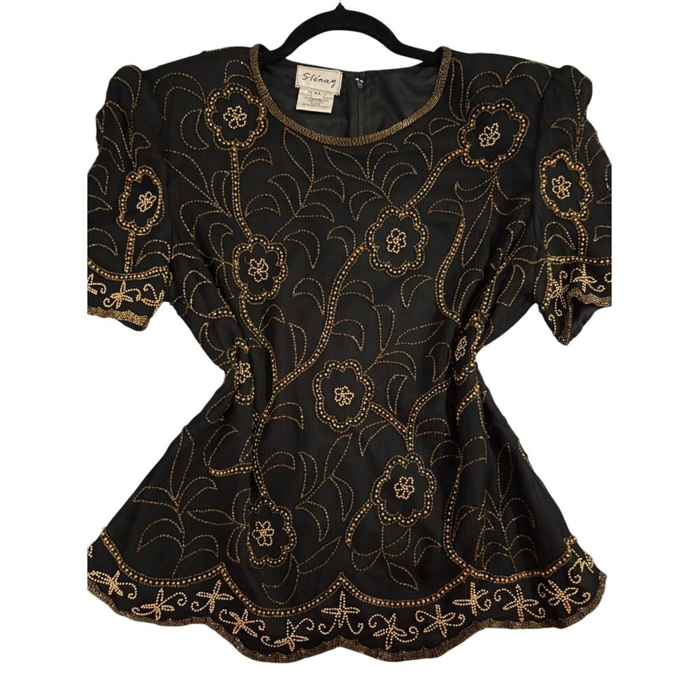 Vintage Sténay Black & Gold Silk Beaded Blouse XL